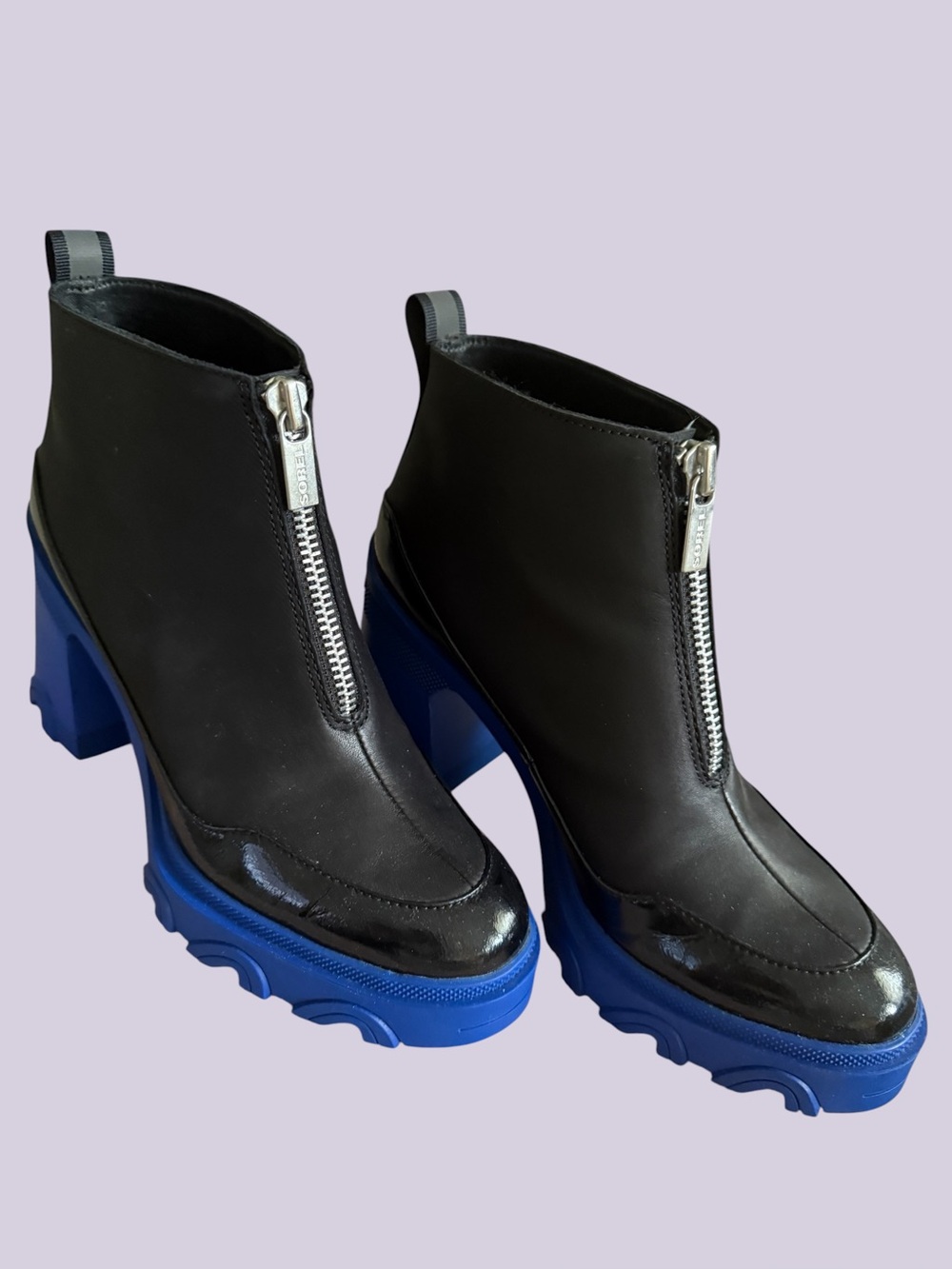 Sorel Black Ankle Booties with Bold Blue Platform Heel